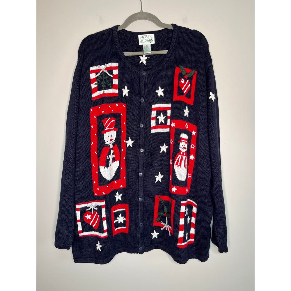 2000s Quacker Factory Navy Red Patriotic Stars Snowmen Christmas Cardigan 3X